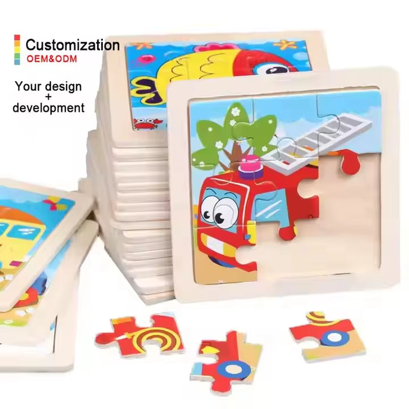 Children Montessori Mini 9 Pieces Wooden DIY Jigsaw Puzzles Board Games Early Educational Learning Toys for Kids Boys Girls
